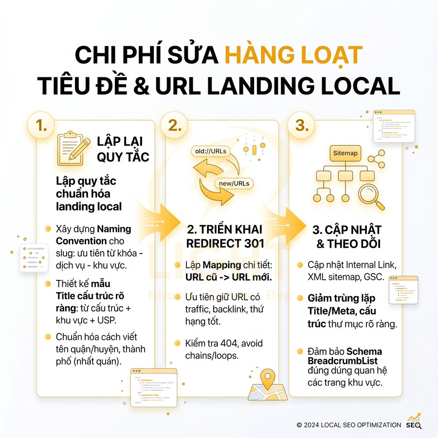 Quy trình tối ưu chi phí sửa hàng loạt tiêu đề và URL landing local với 3 bước chuẩn SEO