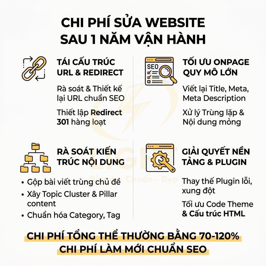 Chi phí sửa website sau 1 năm vận hành với các hạng mục tối ưu SEO onpage, nội dung, nền tảng và plugin