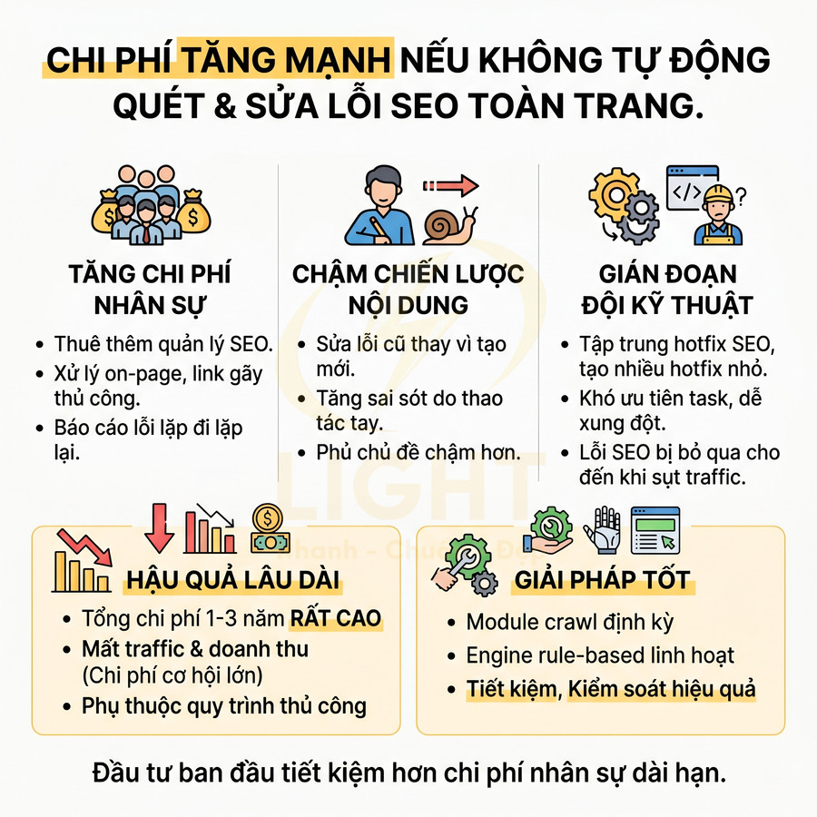 Chi phí tăng mạnh nếu không tự động quét và sửa lỗi SEO toàn trang và giải pháp crawl định kỳ tiết kiệm hiệu quả