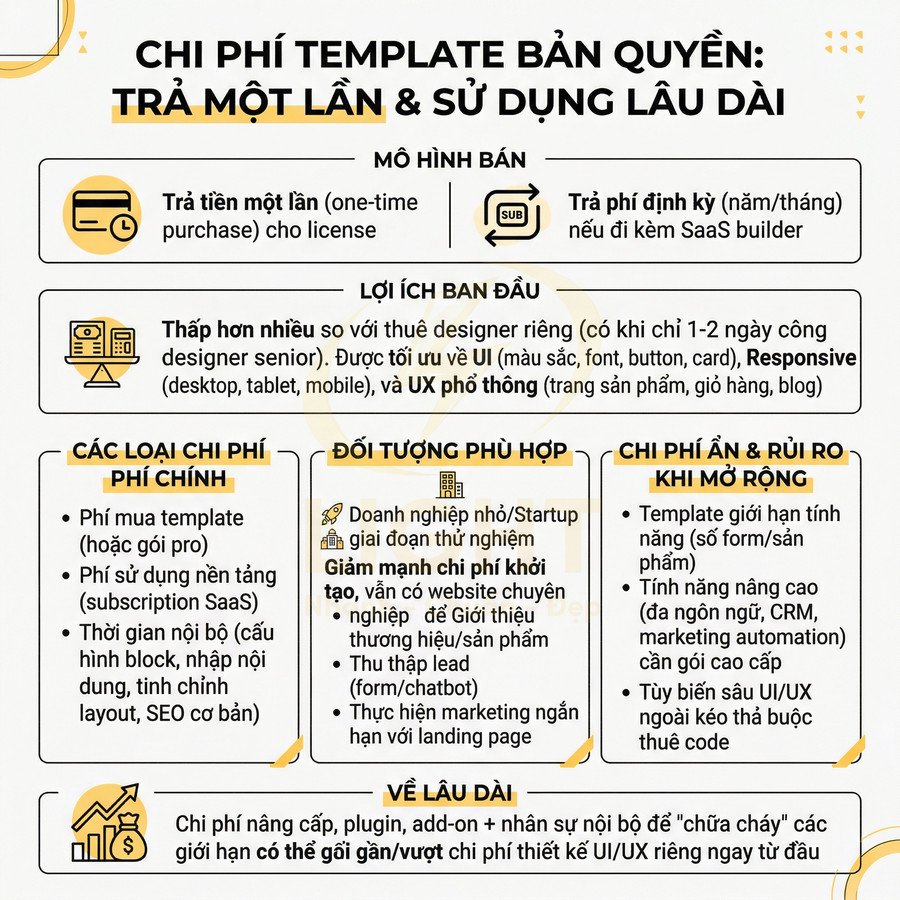 Infographic chi phí template bản quyền trả một lần, mô hình bán, lợi ích, loại chi phí và rủi ro khi mở rộng
