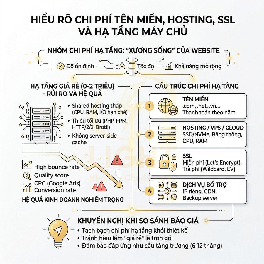 Infographic giải thích chi phí tên miền, hosting, SSL và hạ tầng máy chủ cho website, nêu rủi ro gói giá rẻ và khuyến nghị lựa chọn