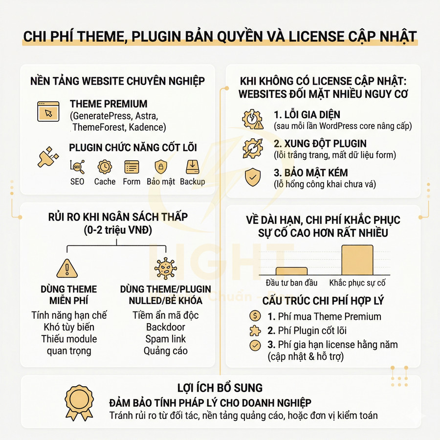 Infographic chi phí theme plugin bản quyền và rủi ro dùng theme miễn phí hoặc nulled cho website WordPress