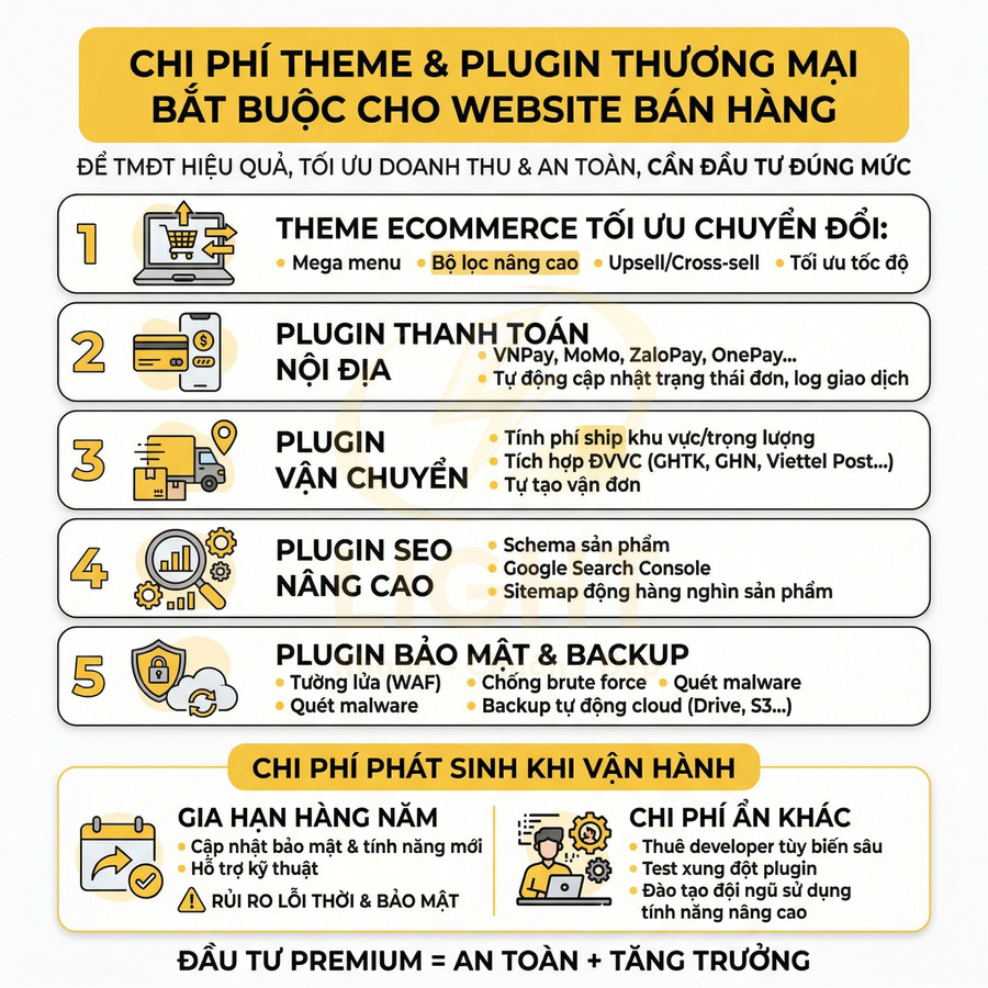 Infographic chi phí theme và plugin thương mại bắt buộc cho website bán hàng và các khoản phát sinh khi vận hành