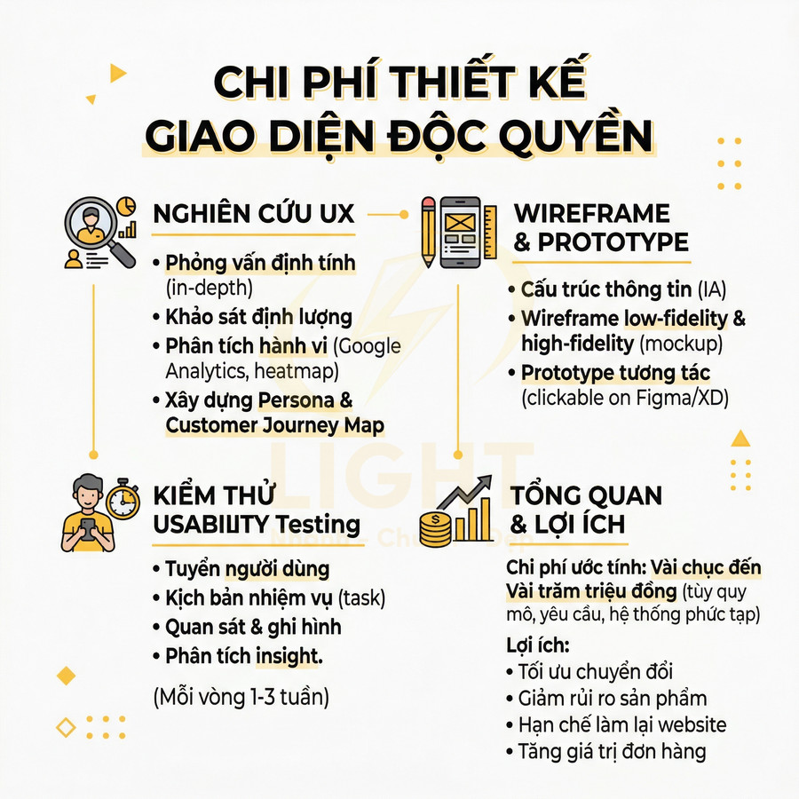 Chi phí thiết kế giao diện độc quyền gồm nghiên cứu UX, wireframe prototype, kiểm thử usability và lợi ích cho sản phẩm số