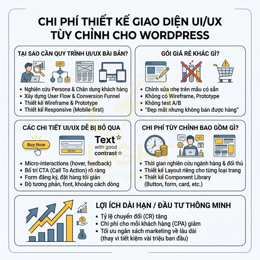 Infographic chi phí thiết kế giao diện UI UX tùy chỉnh cho website WordPress và lợi ích đầu tư dài hạn