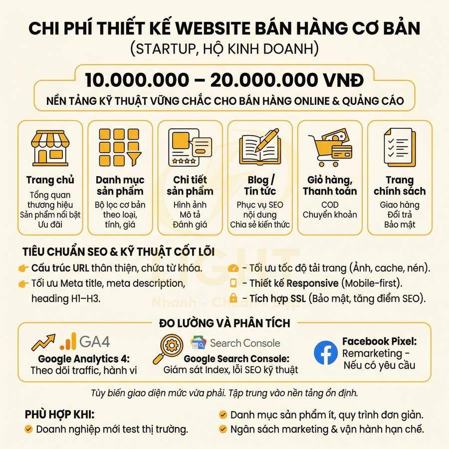 Bảng giá chi phí thiết kế website bán hàng cơ bản 10 đến 20 triệu với các tính năng và tiêu chuẩn SEO