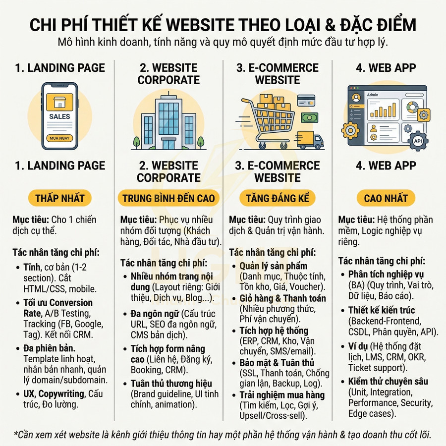 Bảng so sánh chi phí thiết kế website theo loại Landing Page, Website doanh nghiệp, E-commerce và Web App