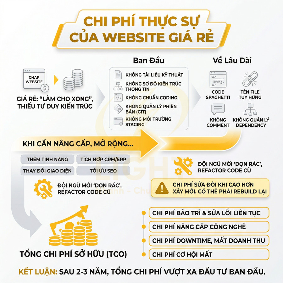 Infographic phân tích chi phí thực sự của việc làm website giá rẻ và tổng chi phí sở hữu TCO sau vài năm