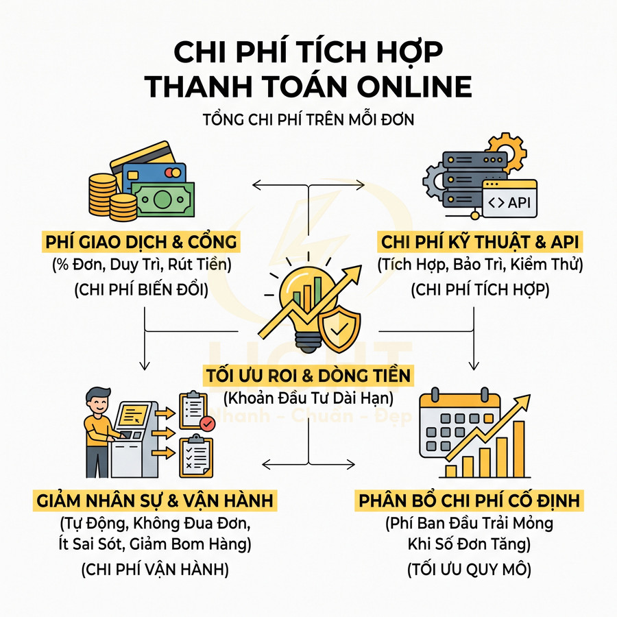 Infographic chi phí tích hợp thanh toán online gồm phí giao dịch, kỹ thuật API, vận hành và tối ưu ROI