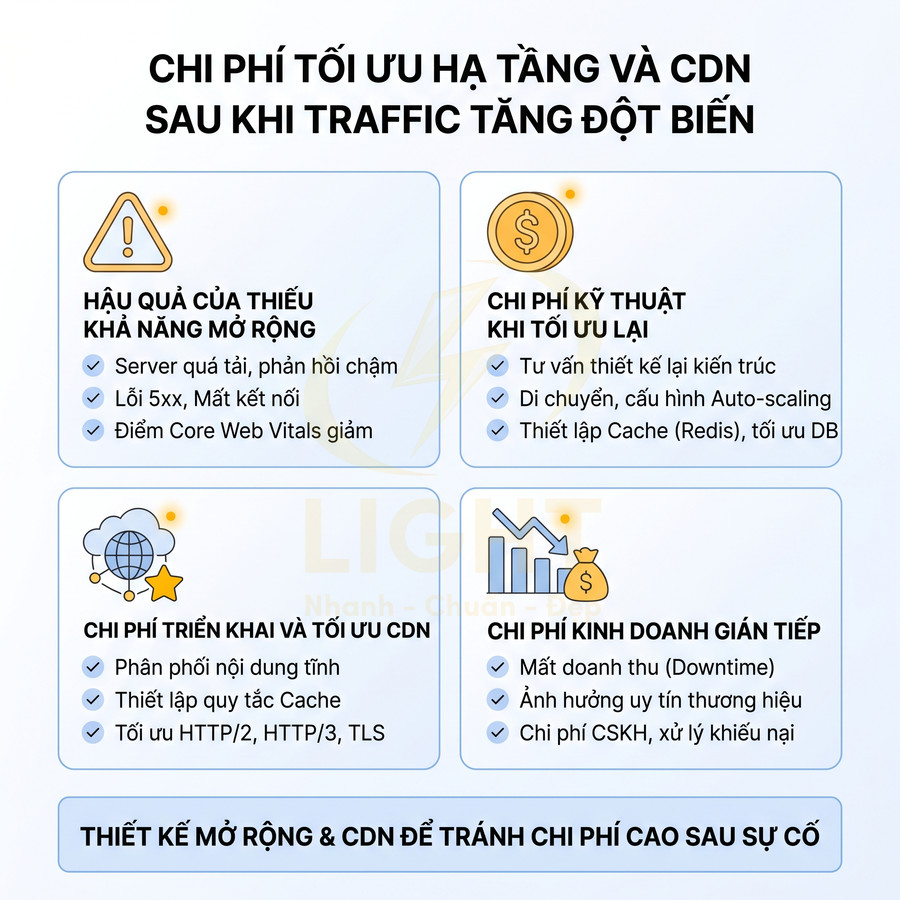 Infographic chi phí tối ưu hạ tầng và CDN khi traffic tăng đột biến, nêu hậu quả, chi phí kỹ thuật và kinh doanh