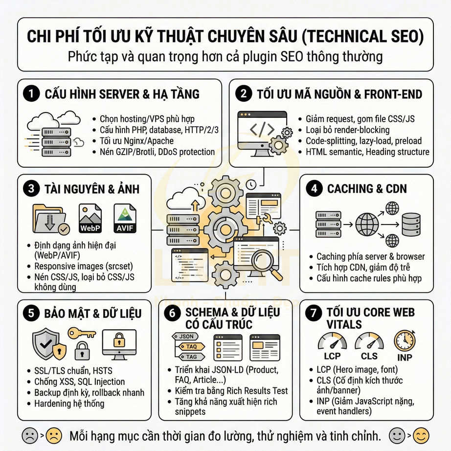 Checklist tối ưu kỹ thuật SEO chuyên sâu với 7 hạng mục về server, mã nguồn, tài nguyên, CDN, bảo mật, schema và Core Web Vitals
