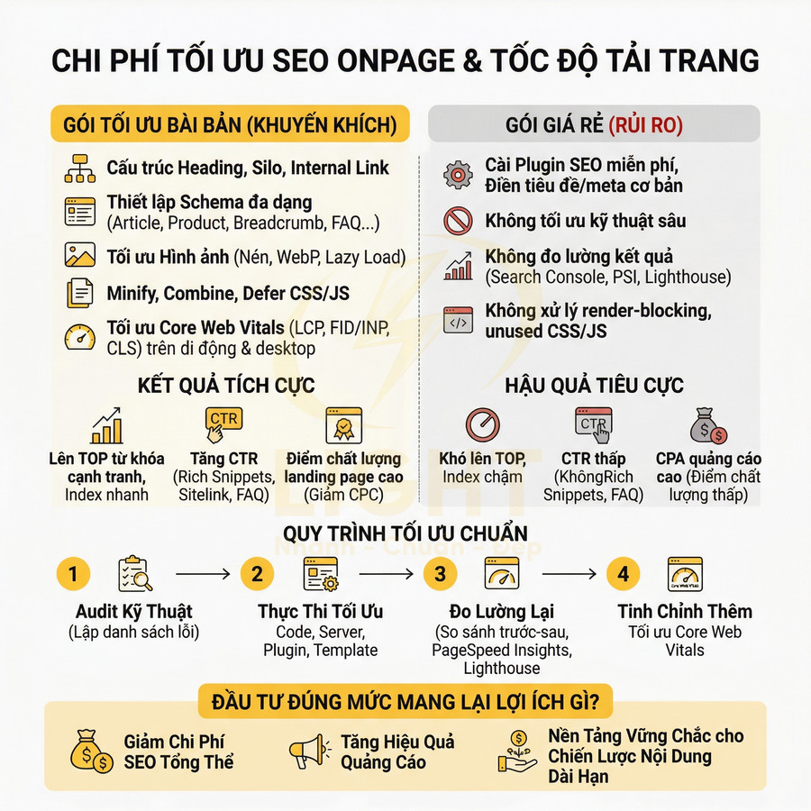 Bảng so sánh chi phí tối ưu SEO onpage và tốc độ tải trang với quy trình và lợi ích chi tiết