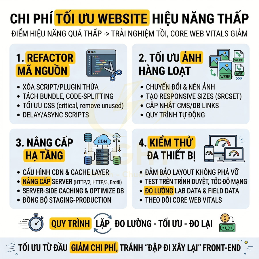 Checklist tối ưu website hiệu năng thấp với 4 bước refactor mã nguồn, tối ưu ảnh, nâng cấp hạ tầng và kiểm thử đa thiết bị