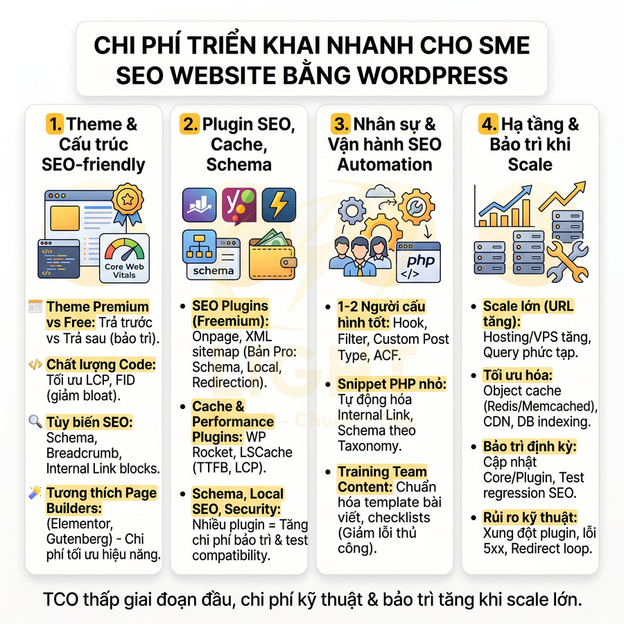 Chi phí triển khai nhanh SEO website WordPress cho SME với theme, plugin, nhân sự và hạ tầng bảo trì khi scale