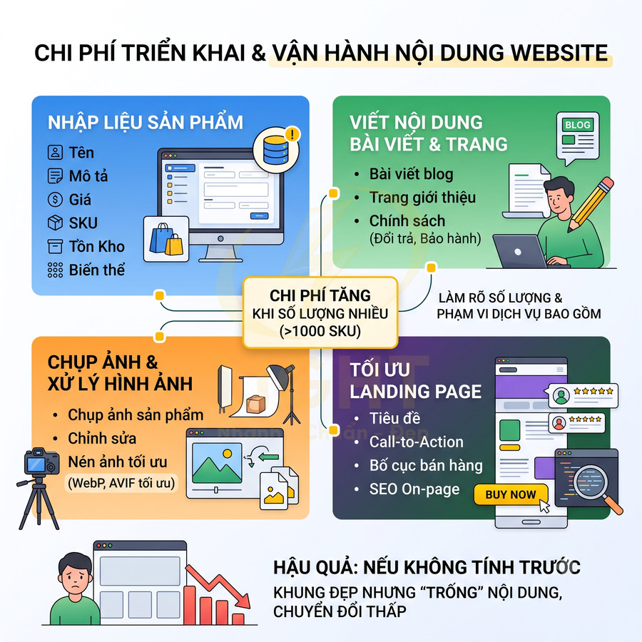 Infographic chi phí triển khai và vận hành nội dung website gồm nhập liệu sản phẩm, viết bài, chụp ảnh, tối ưu landing page