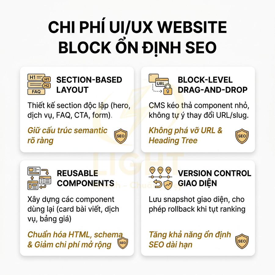 Chi phí thiết kế UI UX website dạng block tối ưu cấu trúc SEO với layout section, component tái sử dụng và version control