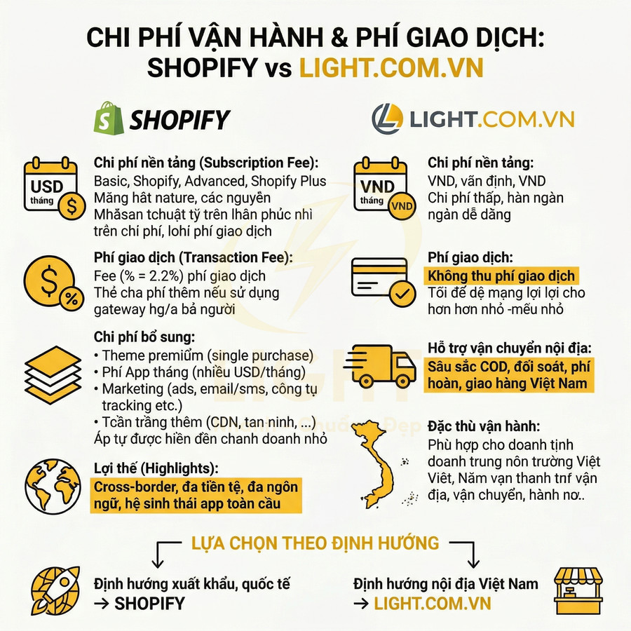 Infographic so sánh chi phí vận hành và phí giao dịch Shopify với nền tảng bán hàng LIGHT.com.vn