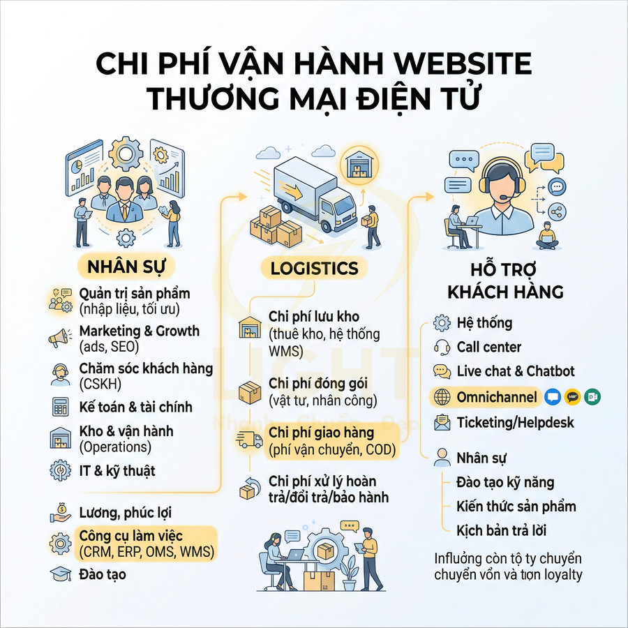 Infographic chi phí vận hành website thương mại điện tử gồm nhân sự, logistics và hỗ trợ khách hàng