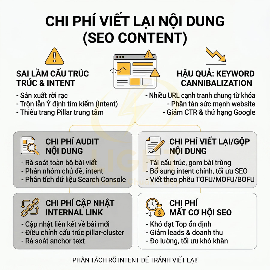 Infographic chi phí viết lại nội dung SEO, liệt kê sai lầm cấu trúc, audit, cập nhật internal link và mất cơ hội SEO