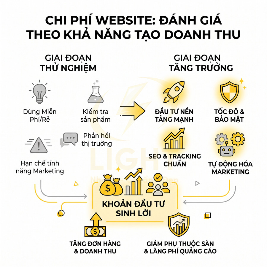 Infographic chi phí website theo giai đoạn thử nghiệm và tăng trưởng, tối ưu SEO, tốc độ, bảo mật để tăng doanh thu