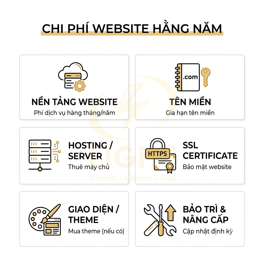 Các loại chi phí website hằng năm gồm nền tảng, tên miền, hosting, SSL, giao diện và bảo trì nâng cấp