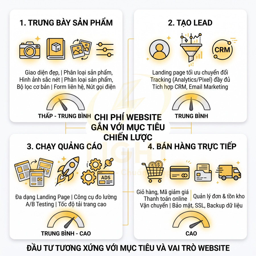 Infographic chi phí thiết kế website theo mục tiêu: trưng bày sản phẩm, tạo lead, chạy quảng cáo, bán hàng trực tiếp