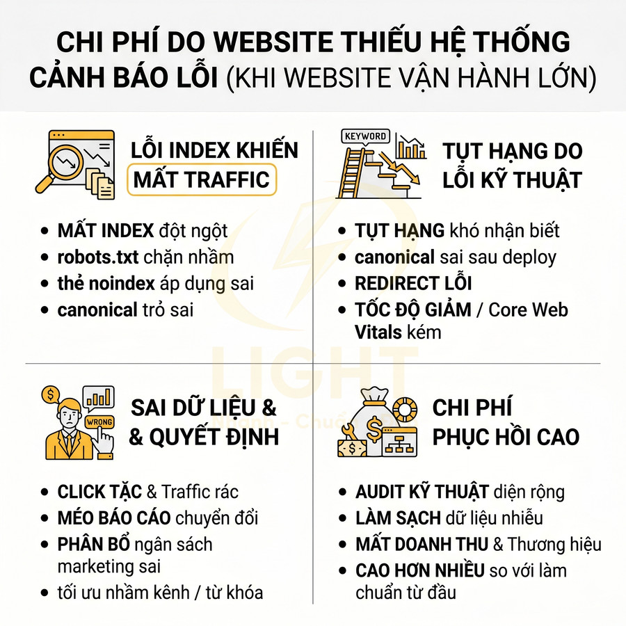 Chi phí do website thiếu hệ thống cảnh báo lỗi SEO và các hậu quả về index, tụt hạng, sai dữ liệu, chi phí phục hồi