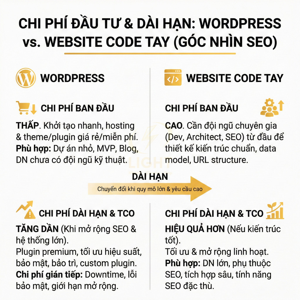 So sánh chi phí đầu tư và dài hạn giữa website WordPress và website code tay dưới góc nhìn SEO
