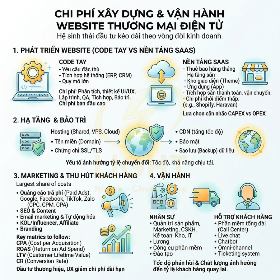 Infographic chi phí xây dựng và vận hành website thương mại điện tử với các hạng mục phát triển, hạ tầng, marketing, vận hành