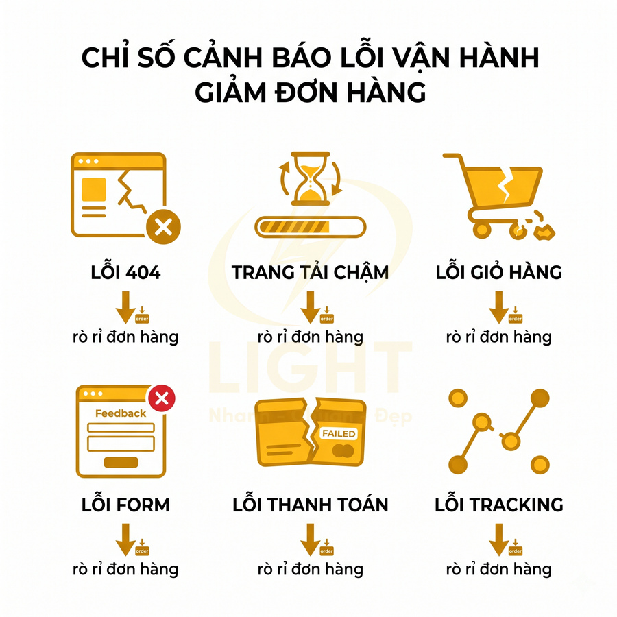 Các lỗi vận hành website thương mại điện tử gây rò rỉ đơn hàng như 404, tải chậm, lỗi giỏ hàng, form, thanh toán, tracking