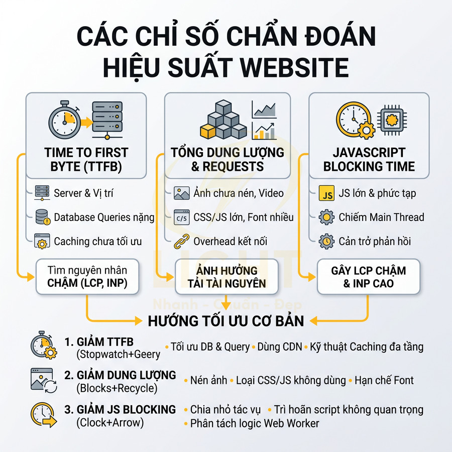 Các chỉ số chẩn đoán hiệu suất website và hướng tối ưu TTFB dung lượng requests và thời gian chặn JavaScript