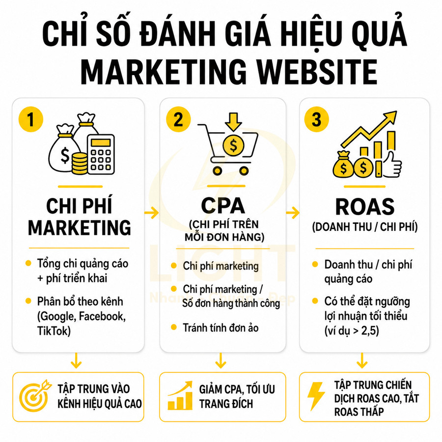 Chỉ số đánh giá hiệu quả marketing website với chi phí marketing, CPA và ROAS trình bày dạng minh họa trực quan