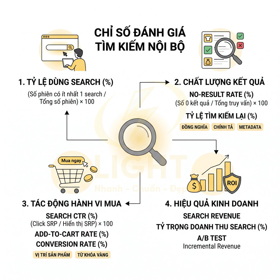 Infographic chỉ số đánh giá hiệu quả tìm kiếm nội bộ website gồm tỷ lệ dùng search, chất lượng kết quả, hành vi mua và doanh thu