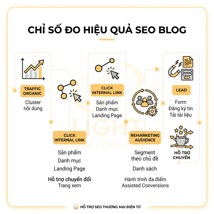 Chỉ số đo hiệu quả SEO blog từ traffic organic, click internal link đến remarketing và lead chuyển đổi