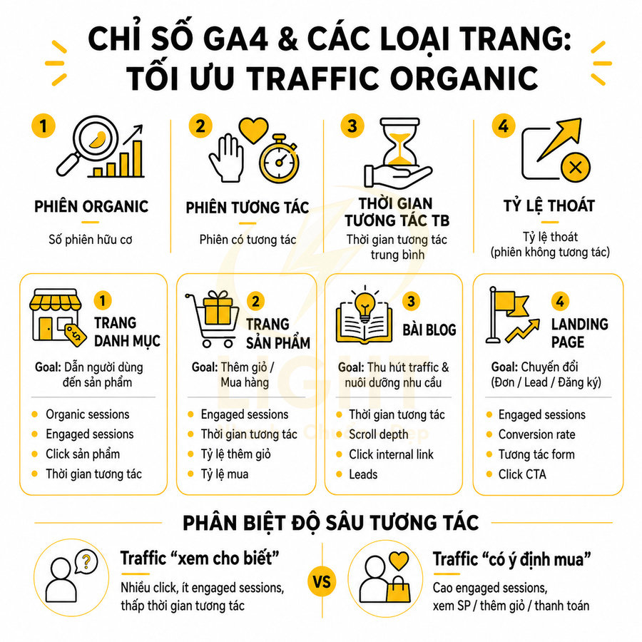 Chỉ số GA4 và các loại trang tối ưu traffic organic, hướng dẫn đo lường phiên organic và tương tác người dùng
