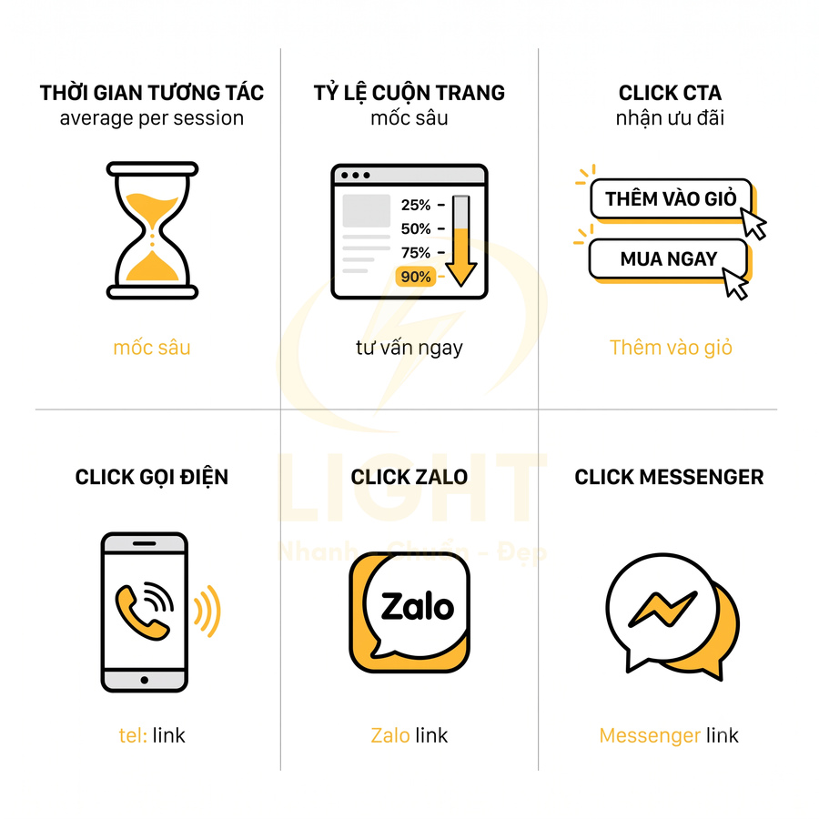 Minh họa các chỉ số marketing website và nút CTA gồm thêm vào giỏ, mua ngay, gọi điện, Zalo, Messenger
