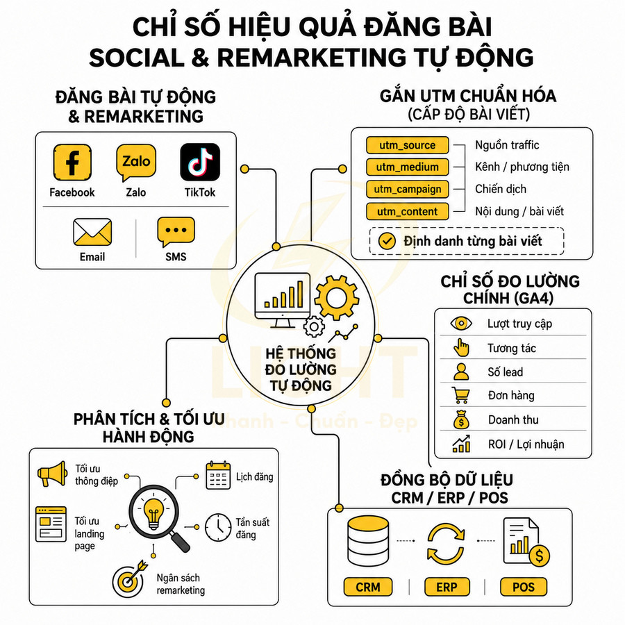 Sơ đồ hệ thống đo lường tự động hiệu quả đăng bài social và remarketing, gắn UTM, đồng bộ CRM ERP POS