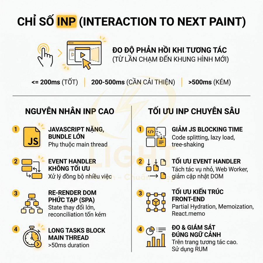 Infographic giải thích chỉ số INP trong web performance, nguyên nhân INP cao và cách tối ưu JavaScript, event handler, kiến trúc front end