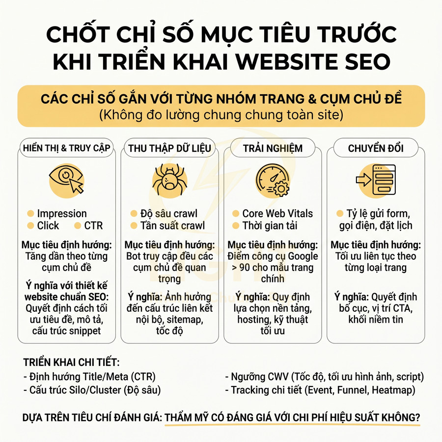 Infographic các chỉ số mục tiêu cần chốt trước khi triển khai website SEO và tối ưu hiệu suất chuyển đổi