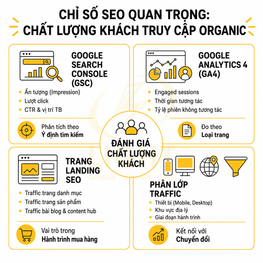 Infographic các chỉ số SEO quan trọng đánh giá chất lượng khách truy cập organic qua GSC và GA4