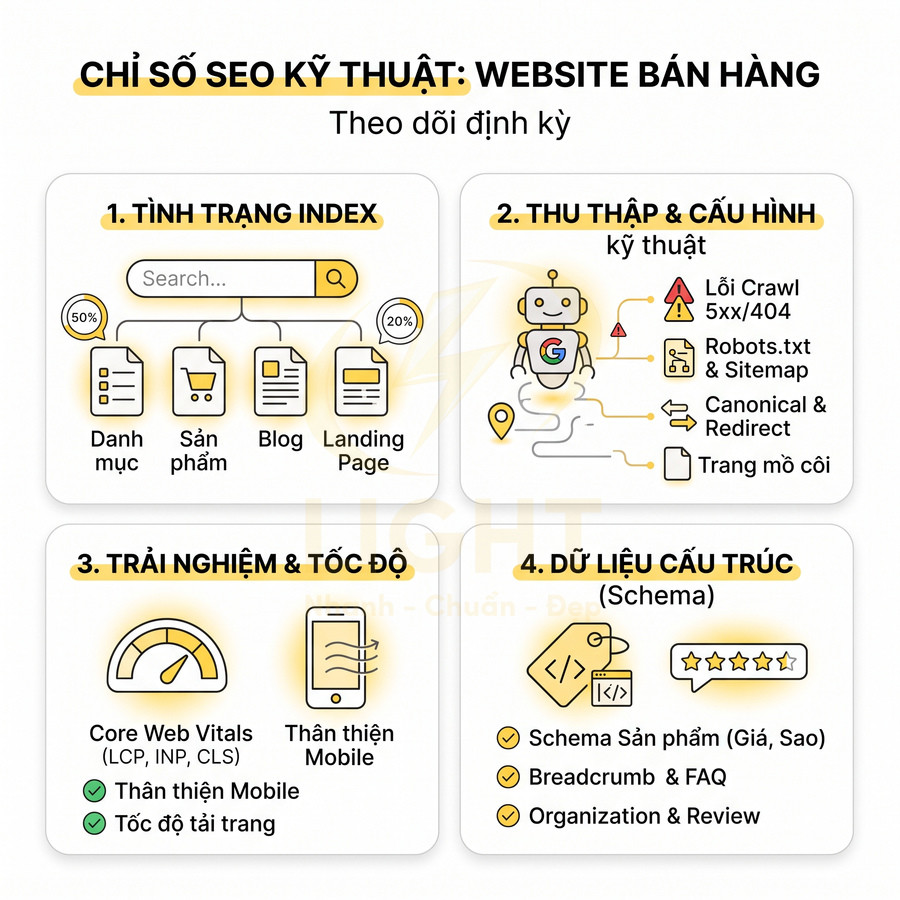 Infographic các chỉ số SEO kỹ thuật quan trọng cho website bán hàng cần theo dõi định kỳ