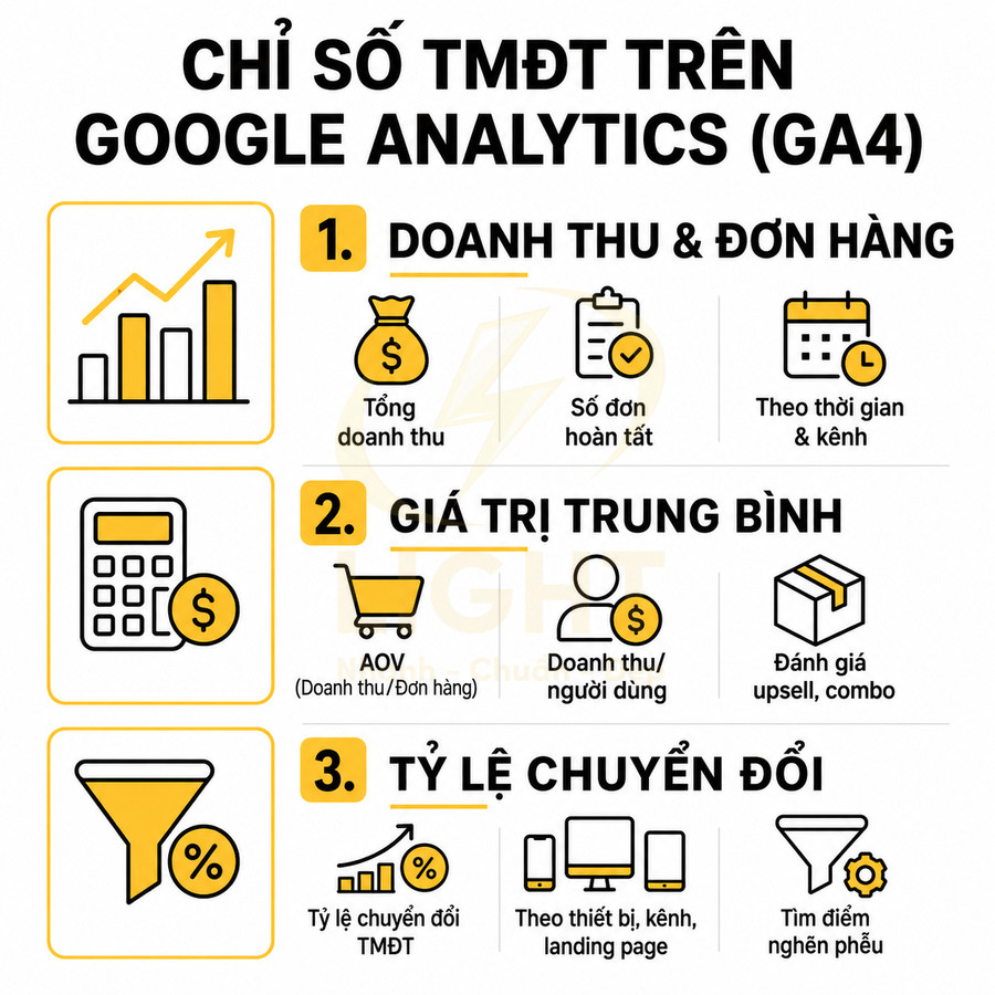 Các chỉ số thương mại điện tử quan trọng trên Google Analytics GA4 gồm doanh thu, AOV và tỷ lệ chuyển đổi