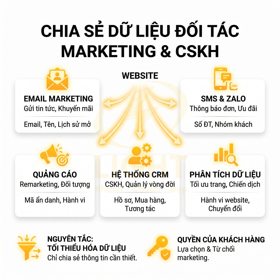 Sơ đồ chia sẻ dữ liệu từ website tới email marketing, SMS Zalo, quảng cáo, CRM và phân tích dữ liệu.
