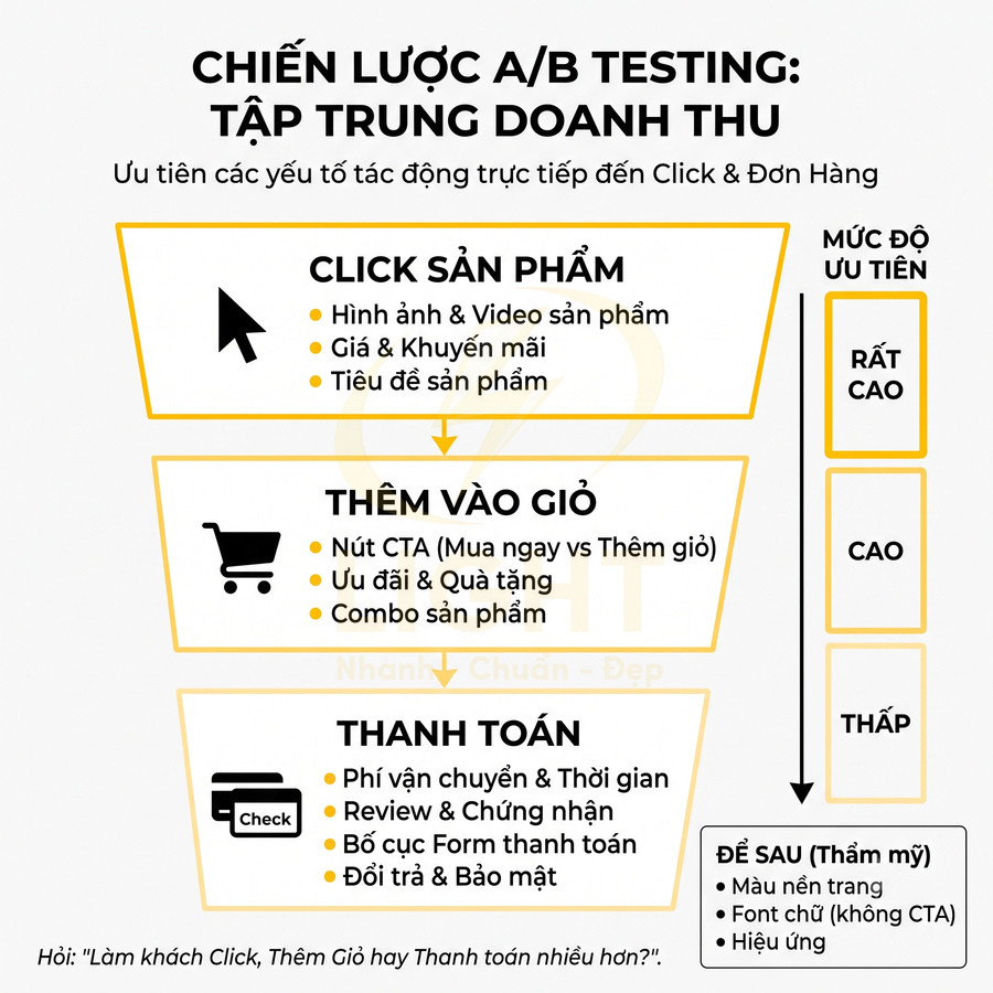 Chiến lược A/B testing tối ưu doanh thu với các bước click sản phẩm, thêm vào giỏ và thanh toán