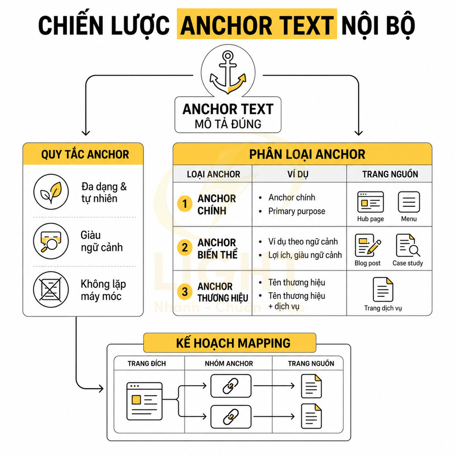 Chiến lược anchor text nội bộ với quy tắc, phân loại anchor và sơ đồ mapping trang đích trong SEO