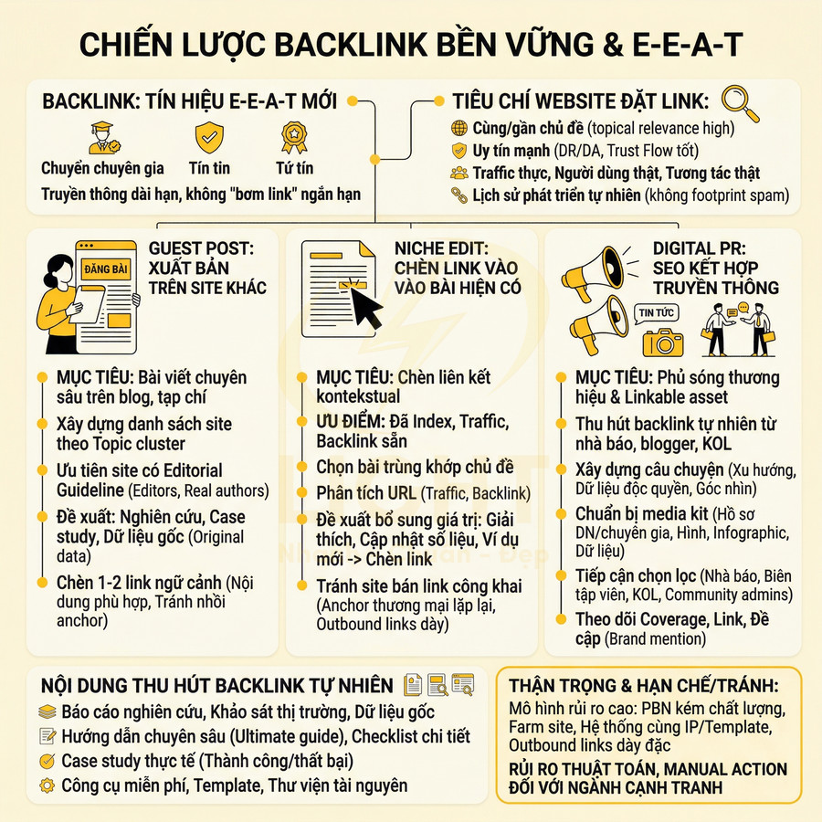 Infographic chiến lược backlink bền vững E-E-A-T với các hình minh họa guest post, niche edit, digital PR và nội dung thu hút backlink