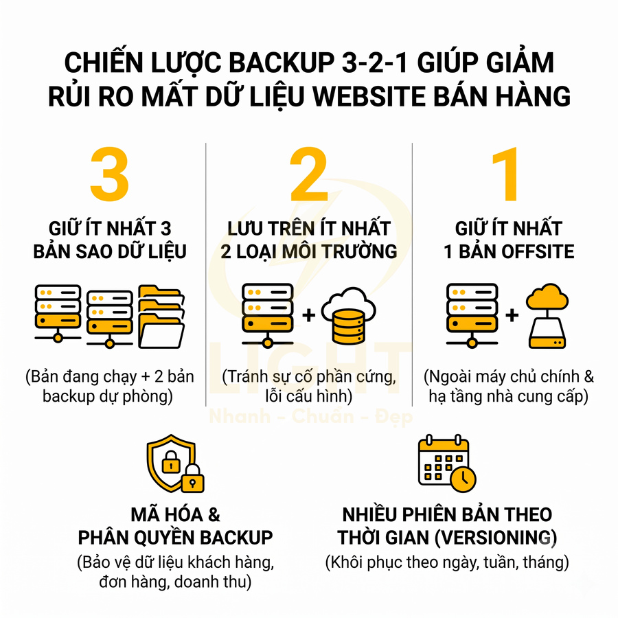 Chiến lược backup 3 2 1 giảm rủi ro mất dữ liệu website bán hàng với mã hóa và nhiều phiên bản sao lưu