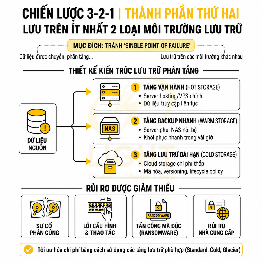 Infographic chiến lược backup 3-2-1 với kiến trúc lưu trữ phân tầng hot warm cold và các rủi ro được giảm thiểu