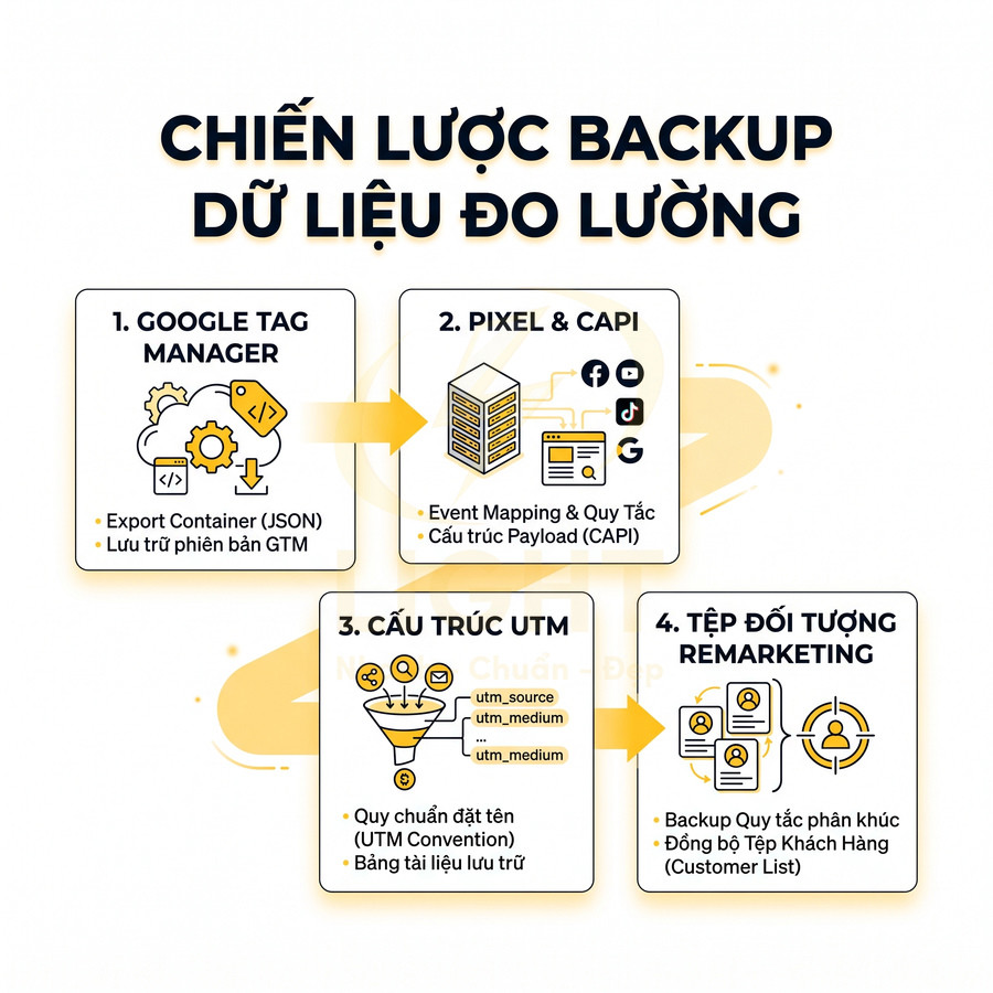 Chiến lược backup dữ liệu đo lường với Google Tag Manager, Pixel CAPI, cấu trúc UTM và tệp đối tượng remarketing