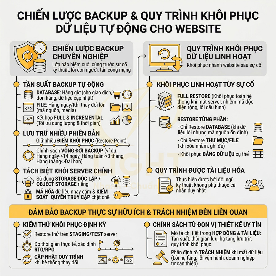 Infographic chiến lược backup và quy trình khôi phục dữ liệu tự động cho website, nhấn mạnh tần suất và lưu trữ nhiều phiên bản